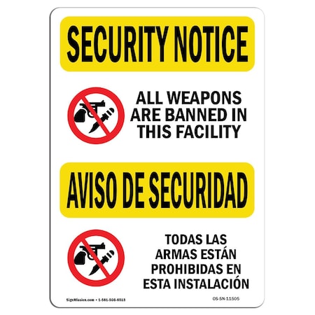 Signmission OSHA Security Sign, 12" Height, 18" Width, Aluminum, All Weapons Are Banned Bilingual, Landscape OS-SN-A-1218-L-11505